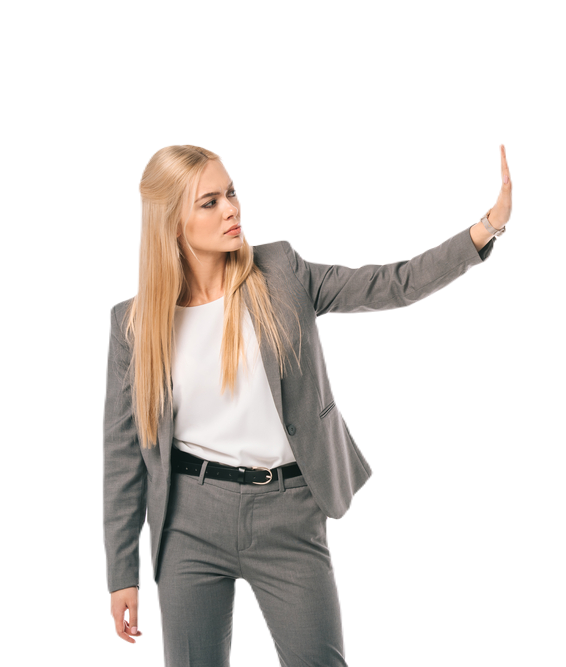 lady office worker holding up hand to say stop